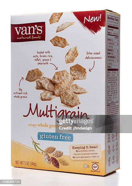 van's glutenfreie knusprig gebackene gebäck vollkorn-box - cereal box stock-fotos und bilder