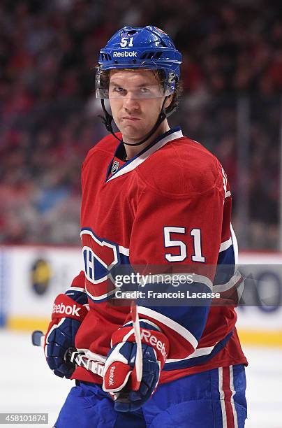 David Desharnais of the Montreal Canadiens against the Colorado Avalanche in the NHL game at the Bell Centre on October 18, 2014 in Montreal, Quebec,...