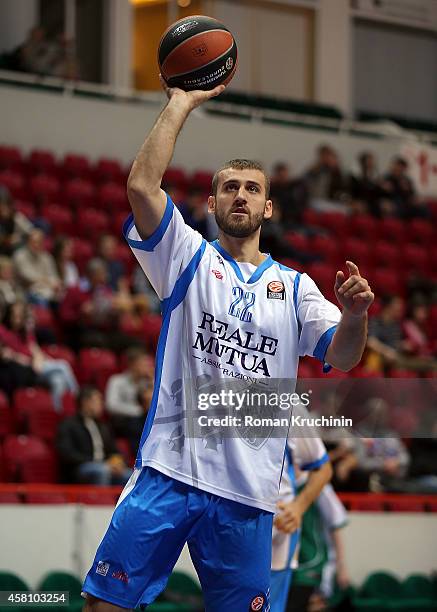 Miroslav Todic, #22 of Dinamo Banco di Sardegna Sassari warm up during the 2014-2015 Turkish Airlines Euroleague Basketball Regular Season Date 3...