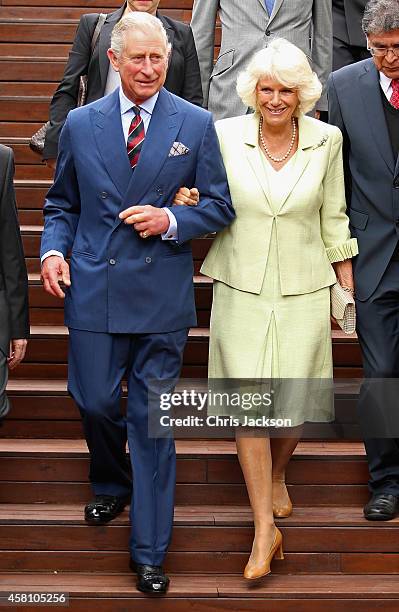 Camilla, Duchess of Cornwall and Prince Charles, Prince of Wales arrive at the Centre for Peace and Reconciliation on October 30, 2014 in Bogota,...