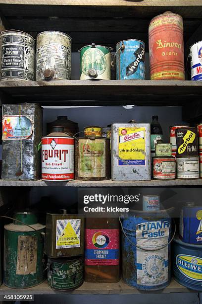 shelf of 80s chemistry canisters - continental_shelf stock pictures, royalty-free photos & images