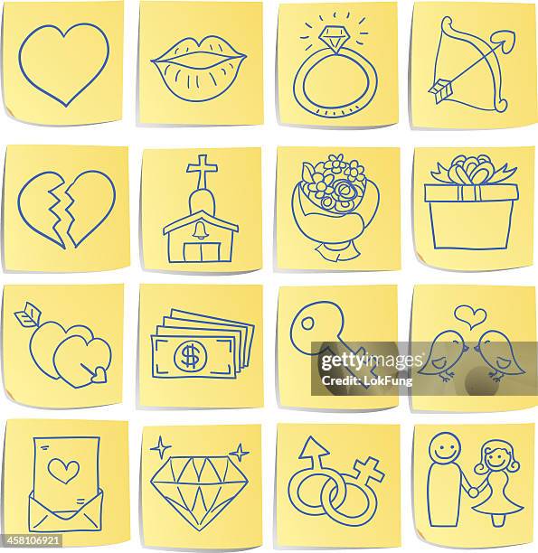 doodle memo icon set - love and romance - post it notes white background stock illustrations