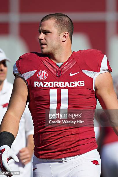 Derby of the Arkansas Razorbacks warming up before a game against the UAB Blazers at Razorback Stadium on October 25, 2014 in Fayetteville, Arkansas....