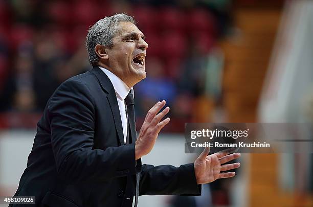 Argiris Pedoulakis, Head Coach of Unics Kazan reacts during the 2014-2015 Turkish Airlines Euroleague Basketball Regular Season Date 3 game between...