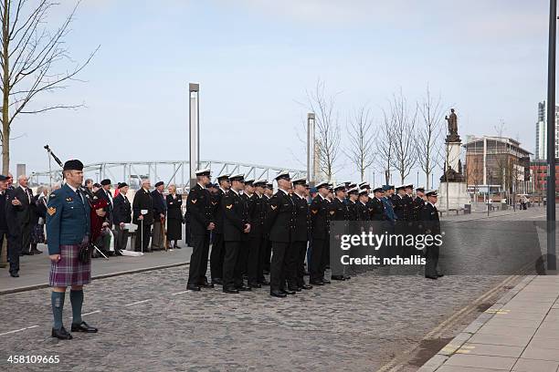 crew from hmcs athabaskan pier head liverpool - athabaskan stockfoto's en -beelden