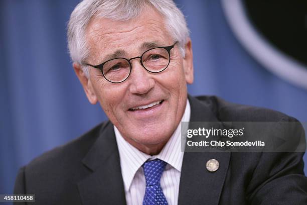 Defense Secretary Chuck Hagel answers reporters' questions during a news conference at the Pentagon October 30, 2014 in Arlington, Virginia. Hagel...