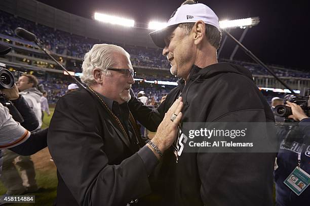 World Series: San Francisco Giants manager Bruce Bochy victorious with general manager Brian Sabean after winning Game 7 and championship series vs...