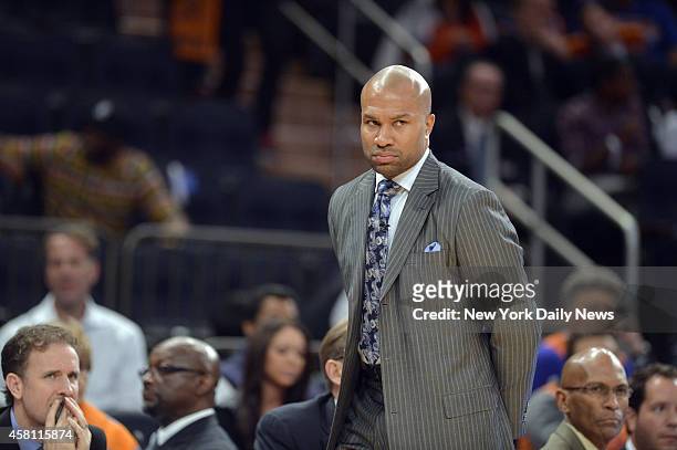 New York Knicks head coach Derek Fisher at New York Knicks vs Chicago Bulls, Opening Night at Madison Square Garden.