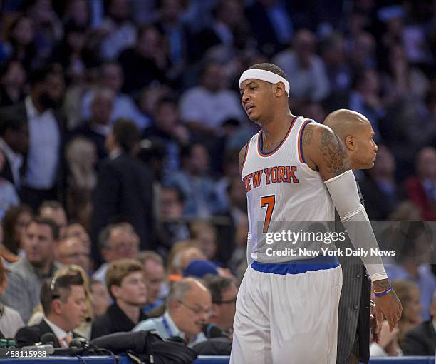 New York Knicks vs Chicago Bulls, Opening Night at Madison Square Garden. Knicks forward Carmelo Anthony reacts after play.