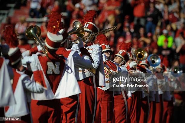 The Nebraska Cornhuskers marching band perform before their game against the Rutgers Scarlet Knights at Memorial Stadium on October 25, 2014 in...