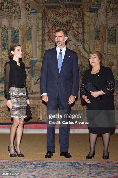 King Felipe VI of Spain , Queen Letizia of Spain and Chilean President Michelle Bachelet host a reception at the El Pardo Palace on October 30, 2014...