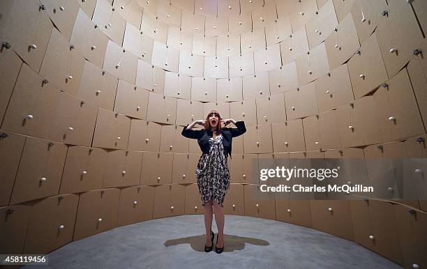 Ana Matronic pictured inside the sound installation by the artist Zimoun, which consists of 186 prepared dc-motors, cotton balls and stacked...