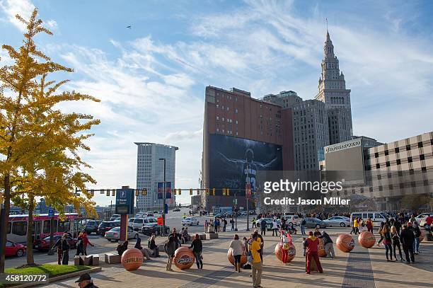 General view as fans gather outside Quicken Loans Arena before a game between the Cleveland Cavaliers and the New York Knicks on October 30, 2014 in...
