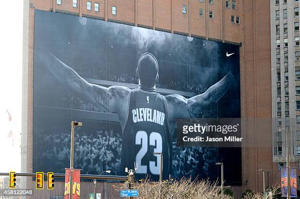 General view of a new LeBron James banner outside Quicken Loans Arena before a game between the Cleveland Cavaliers and the New York Knicks on...