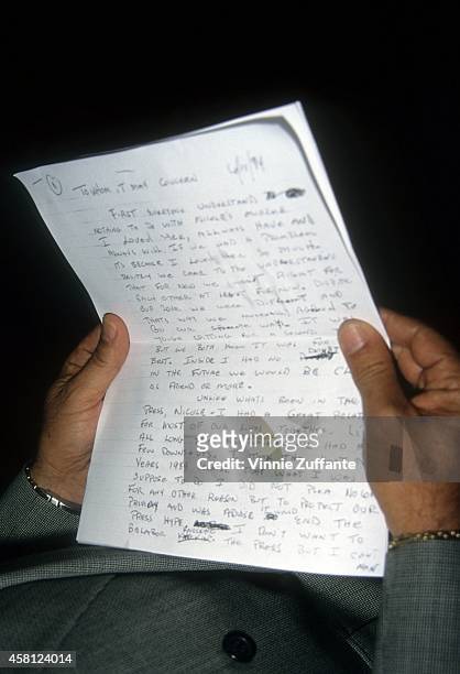 Page of one of three letters written by O.J. Simpson are read by friend Robert Kardashian during a news conference at the Century City office of...