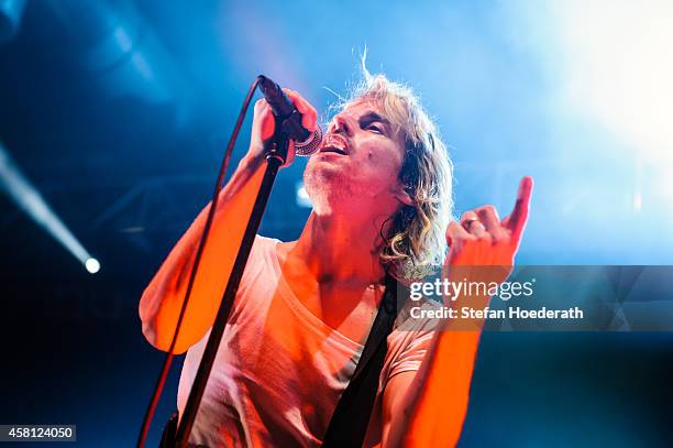 Swiss singer Tobias Jundt of Bonaparte performs live on stage during a concert at Huxleys Neue Welt on October 30, 2014 in Berlin, Germany.