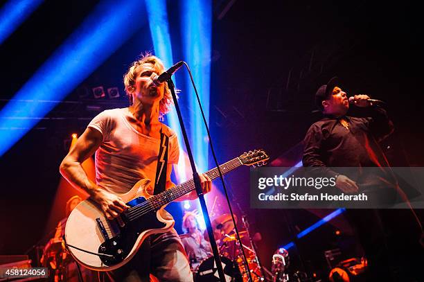 Swiss singer Tobias Jundt of Bonaparte and Tim Fite aka Timothy Sullivan perform live on stage during a concert at Huxleys Neue Welt on October 30,...