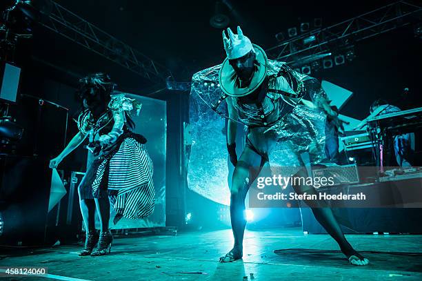 Dancers perform live on stage during a concert of Bonaparte at Huxleys Neue Welt on October 30, 2014 in Berlin, Germany.