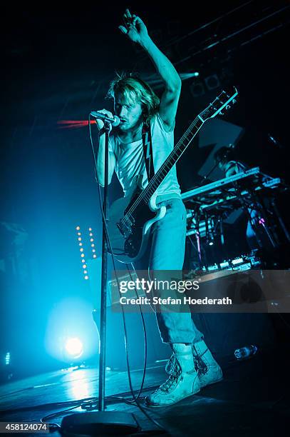 Swiss singer Tobias Jundt of Bonaparte performs live on stage during a concert at Huxleys Neue Welt on October 30, 2014 in Berlin, Germany.