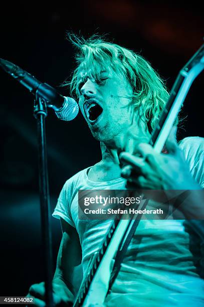 Swiss singer Tobias Jundt of Bonaparte performs live on stage during a concert at Huxleys Neue Welt on October 30, 2014 in Berlin, Germany.