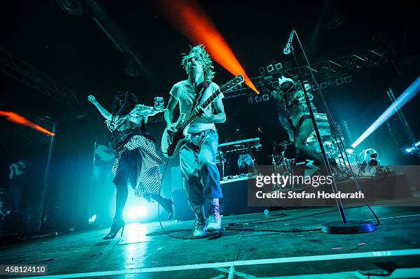 Swiss singer Tobias Jundt of Bonaparte performs live on stage with dancers during a concert at Huxleys Neue Welt on October 30, 2014 in Berlin,...