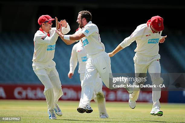 Chadd Sayers of the Redbacks is congratulated by teammates as he celebrates getting a hat-trick during day one of the Sheffield Shield match between...
