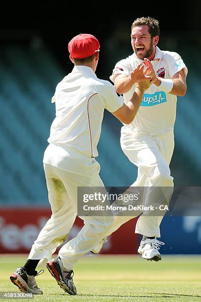 Chadd Sayers of the Redbacks is congratulated by teammates as he celebrates getting a hat-trick during day one of the Sheffield Shield match between...