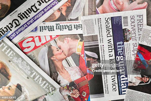 royal wedding coverage by british newspapers - vintage newspaper front page stock pictures, royalty-free photos & images