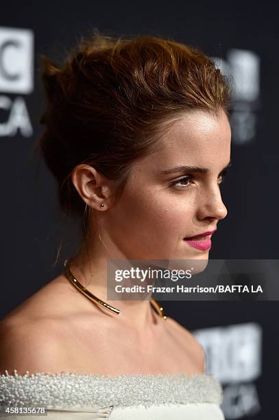 Honoree Emma Watson attends the BAFTA Los Angeles Jaguar Britannia Awards presented by BBC America and United Airlines at The Beverly Hilton Hotel on...