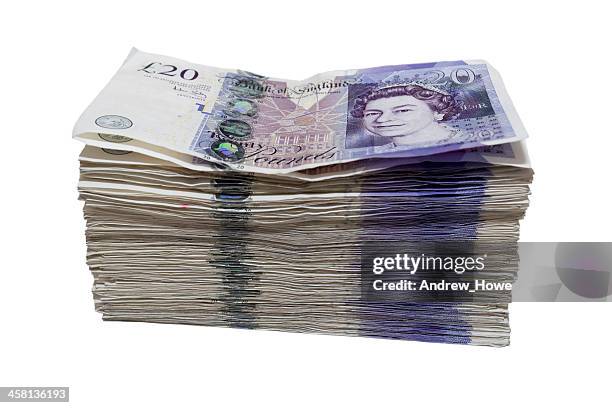 pile of 20 pound notes - pound sterling note stock pictures, royalty-free photos & images