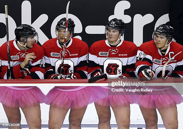 The Ottawa 67's look on from the bench during an OHL game between the Ottawa 67's and the Niagara Ice Dogs at the Meridian Centre on October 30, 2014...