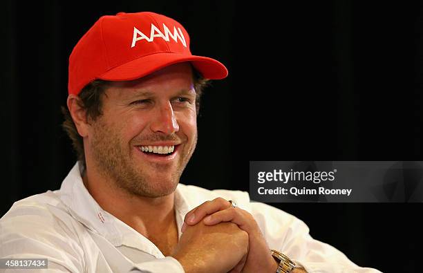 Campbell Brown owner of Sweet Idea laughs during a Victoria Derby press Conference at Crown Casino on October 31, 2014 in Melbourne, Australia.
