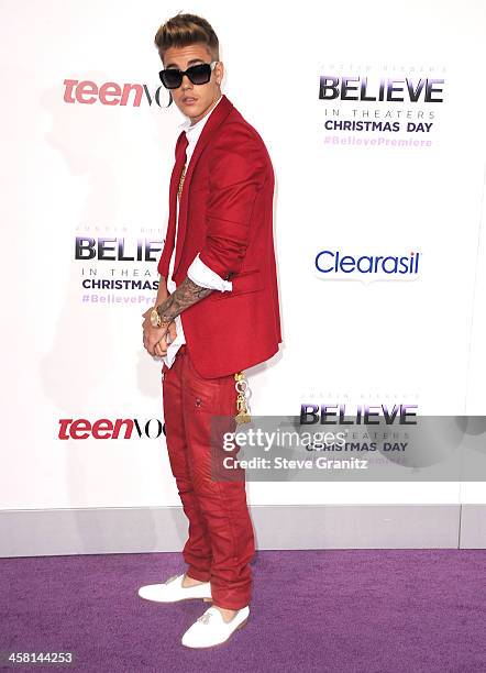 Justin Bieber arrives at the "Justin Bieber's Believe" World Premiere at Regal Cinemas L.A. Live on December 18, 2013 in Los Angeles, California.