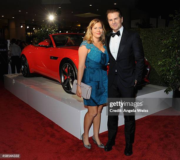 Actors Kirsten Lea and Vincent De Paul with the Jaguar F-TYPE Convertible at the 2014 BAFTA LA Jaguar Britannia Awards with Jaguar North America at...