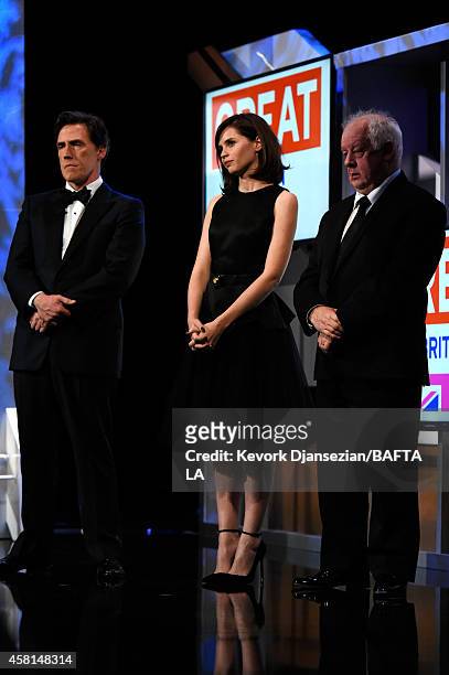 Host Rob Brydon, actress Felicity Jones and director Jim Sheridan attend the BAFTA Los Angeles Jaguar Britannia Awards presented by BBC America and...