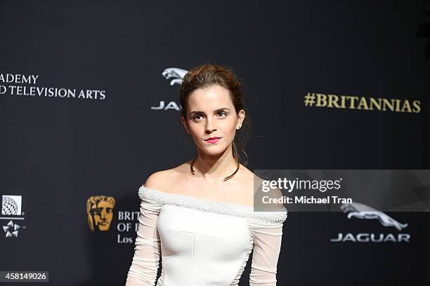 Emma Watson arrives at the BAFTA Los Angeles Jaguar Britannia Awards held at The Beverly Hilton Hotel on October 30, 2014 in Beverly Hills,...