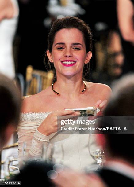 Honoree Emma Watson attends the BAFTA Los Angeles Jaguar Britannia Awards presented by BBC America and United Airlines at The Beverly Hilton Hotel on...