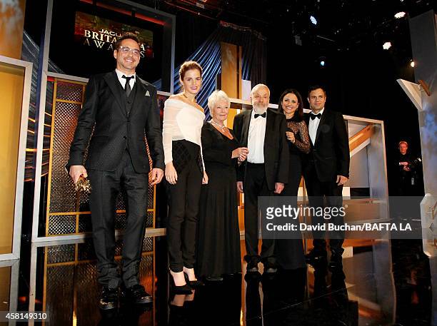 Honorees Robert Downey Jr., Emma Watson, Dame Judi Dench, Mike Leigh, OBE, Julia Louis-Dreyfus and Mark Ruffalo pose onstage at the BAFTA Los Angeles...