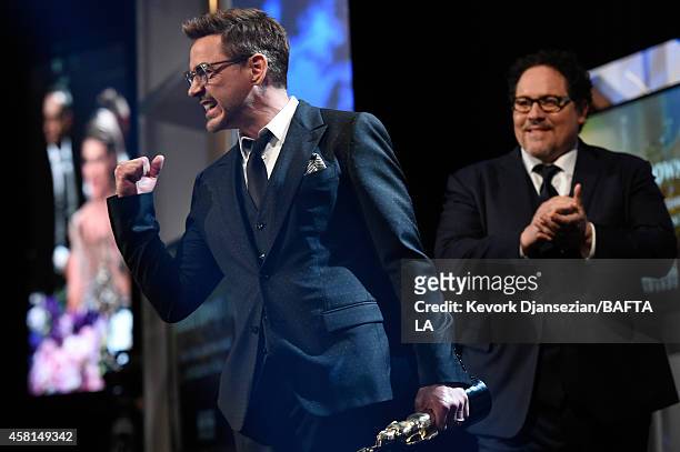 Honoree Robert Downey Jr. Accepts the Stanley Kubrick Britannia Award for Excellence in Film onstage during the BAFTA Los Angeles Jaguar Britannia...