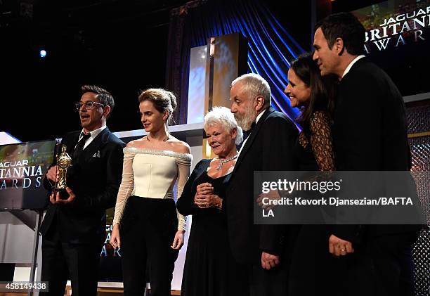 Honorees Robert Downey Jr., Emma Watson, Dame Judi Dench, Mike Leigh, OBE, Julia Louis-Dreyfus and Mark Ruffalo pose onstage at the BAFTA Los Angeles...