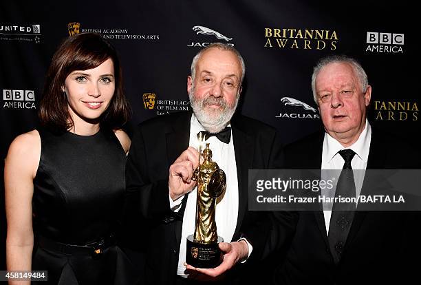 Actress Felicity Jones, honoree Mike Leigh, OBE and director Jim Sheridan attend the BAFTA Los Angeles Jaguar Britannia Awards presented by BBC...