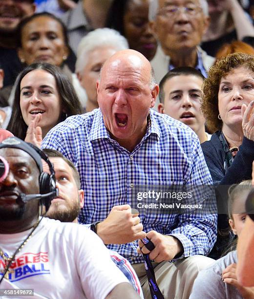 Steve Ballmer attends a basketball game between the Oklahoma City Thunder and the Los Angeles Clippers at Staples Center on October 30, 2014 in Los...