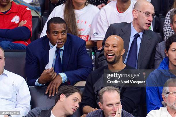 Ahmad Rashad, Common and NBA Commissioner Adam Silver attend a basketball game between the Oklahoma City Thunder and the Los Angeles Clippers at...