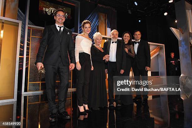 Honorees Robert Downey Jr., Emma Watson, Dame Judi Dench, Mike Leigh, OBE, Julia Louis-Dreyfus and Mark Ruffalo pose onstage at the BAFTA Los Angeles...