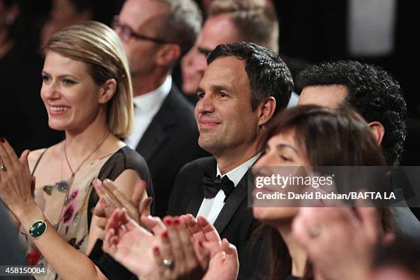 Actress Sunrise Coigney, honoree Mark Ruffalo, actor Josh Gad and producer Ida Darvish attend the BAFTA Los Angeles Jaguar Britannia Awards presented...