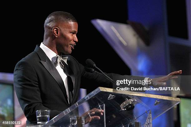 Actor Jamie Foxx speaks onstage at the BAFTA Los Angeles Jaguar Britannia Awards presented by BBC America and United Airlines at The Beverly Hilton...