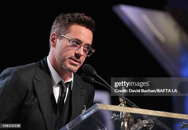 Actor Robert Downey Jr., honored with the Stanley Kubrick Britannia Award for Excellence in Film speaks onstage at the BAFTA Los Angeles Jaguar...