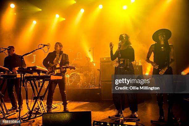 Fraser MacColl, George Day, Joshua Lloyd-Watson, Tom McFarland, Rudi Salmon and Andro Cowperthwaite of Jungle perform on stage at Shepherds Bush...