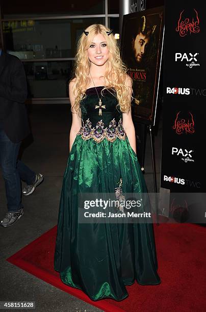 Actress Katherine McNamara arrives at the Los Angeles premiere of RADiUS-TWC's 'Horns' at ArcLight Hollywood on October 30, 2014 in Hollywood,...