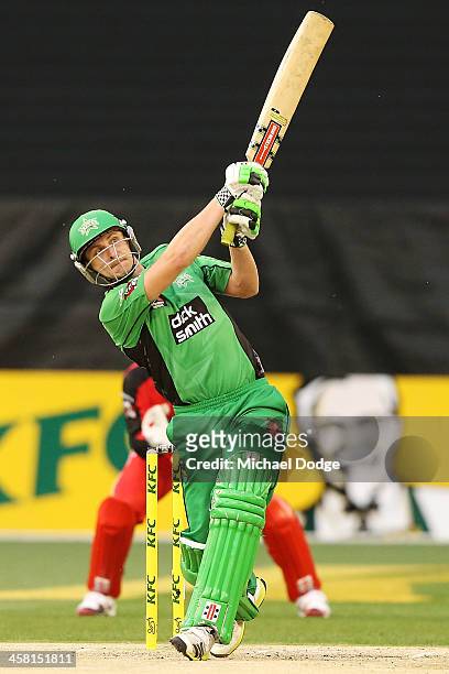 Luke Wright of the Stars hits a six off the bowling of Will Sheridan of the Renegades during the Big Bash League match between the Melbourne Stars...